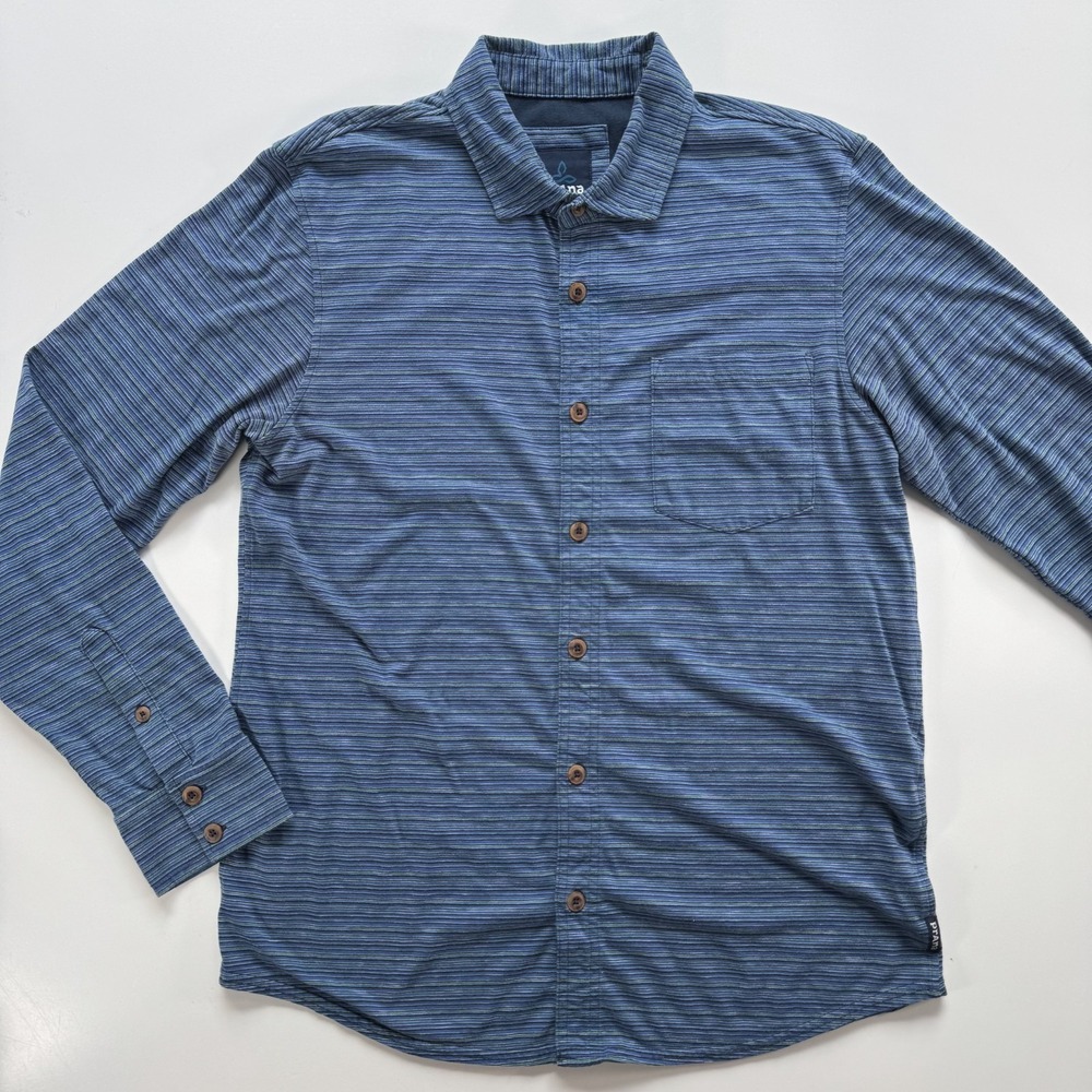 PRANA Knit Button Up Long Sleeve Shirt Mens Large Blue Stripes Soft Lightweight